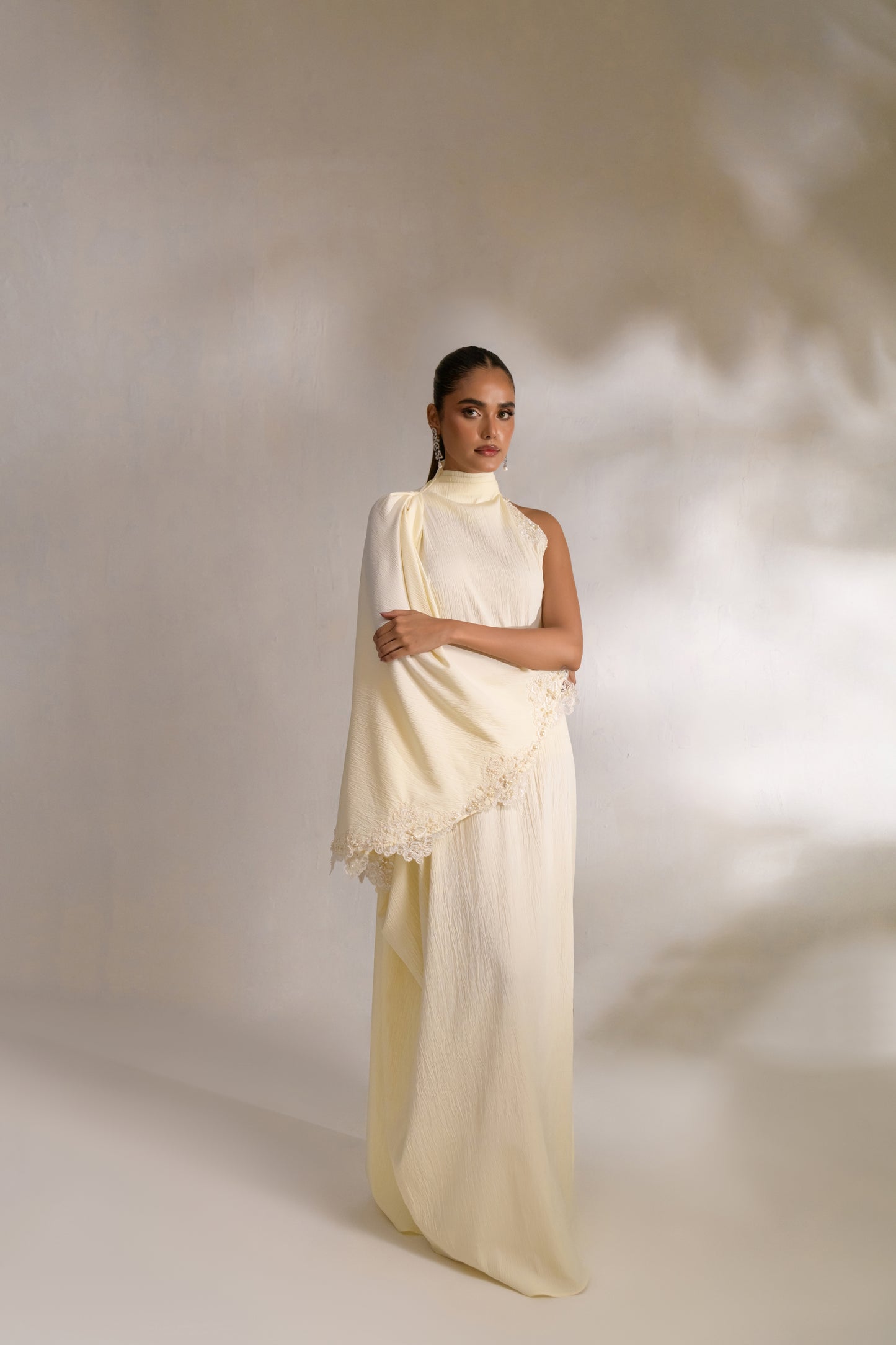 Asymmetrical draped designer kaftan with shoulder embellishment