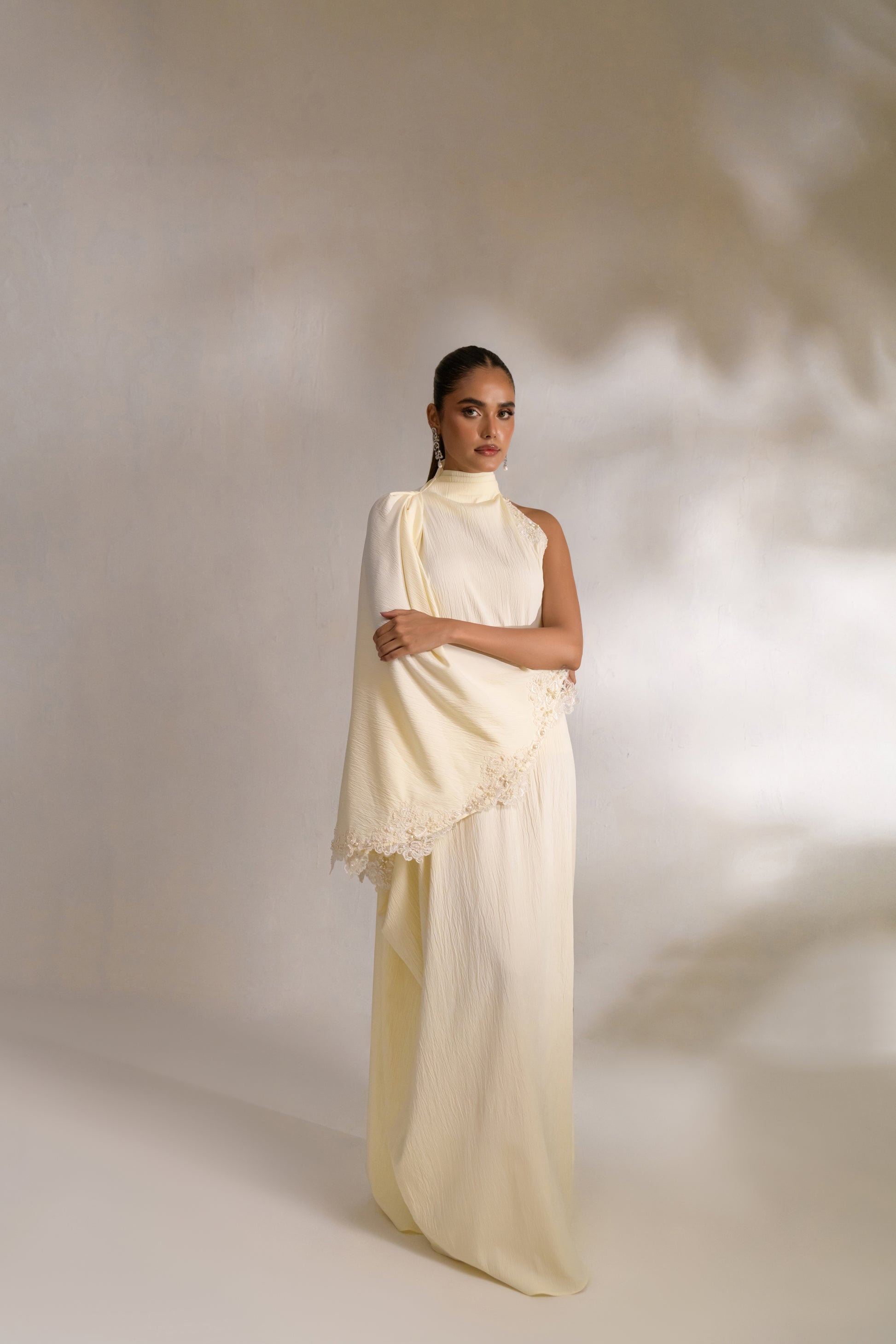 Asymmetrical draped designer kaftan with shoulder embellishment