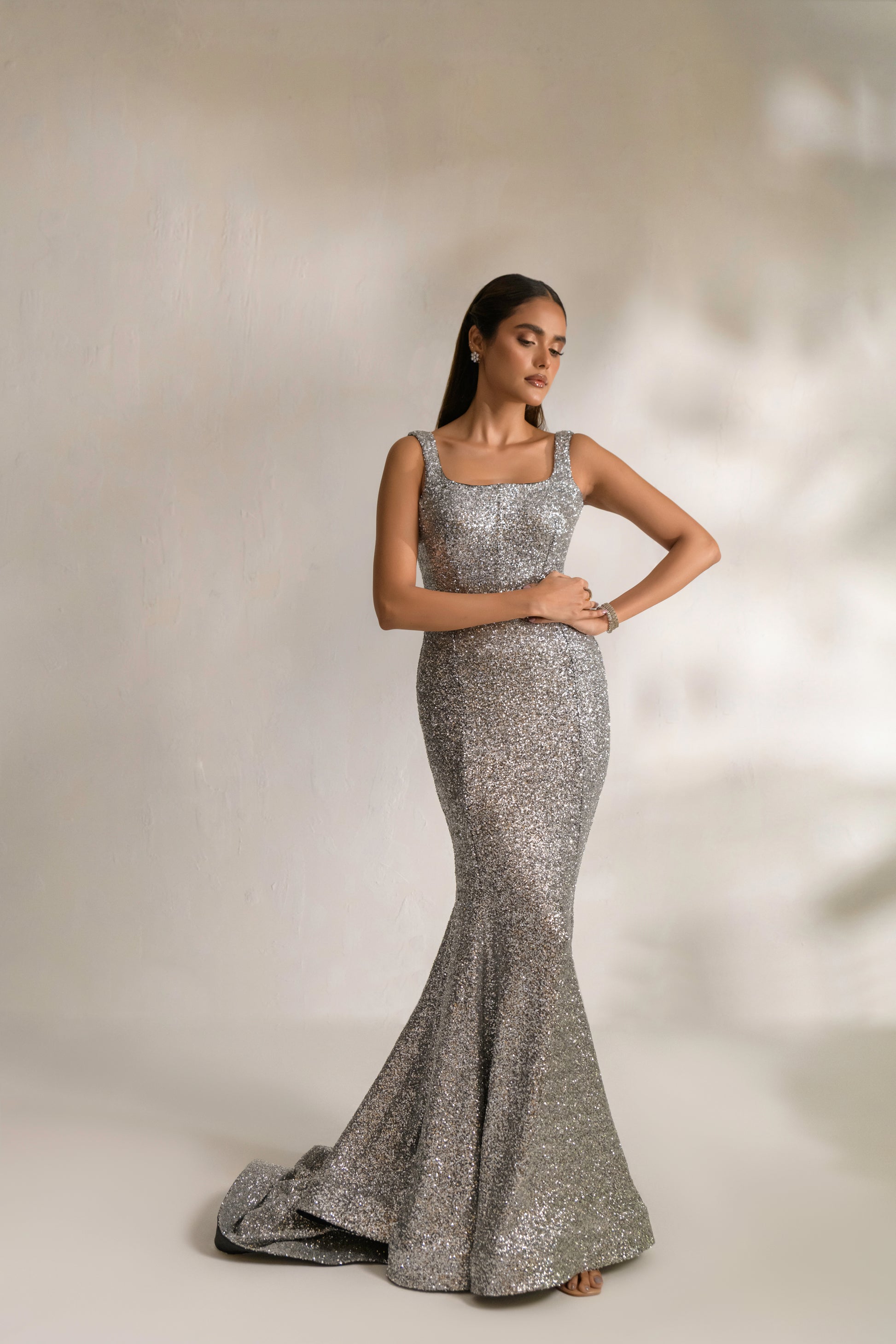 Aylin sequin embellished luxury evening gown with sculpting square neckline