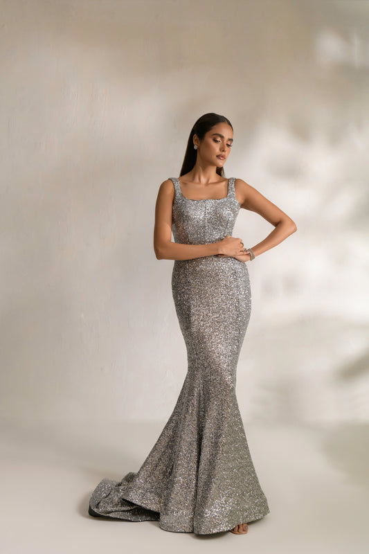 Aylin sequin embellished luxury evening gown with sculpting square neckline