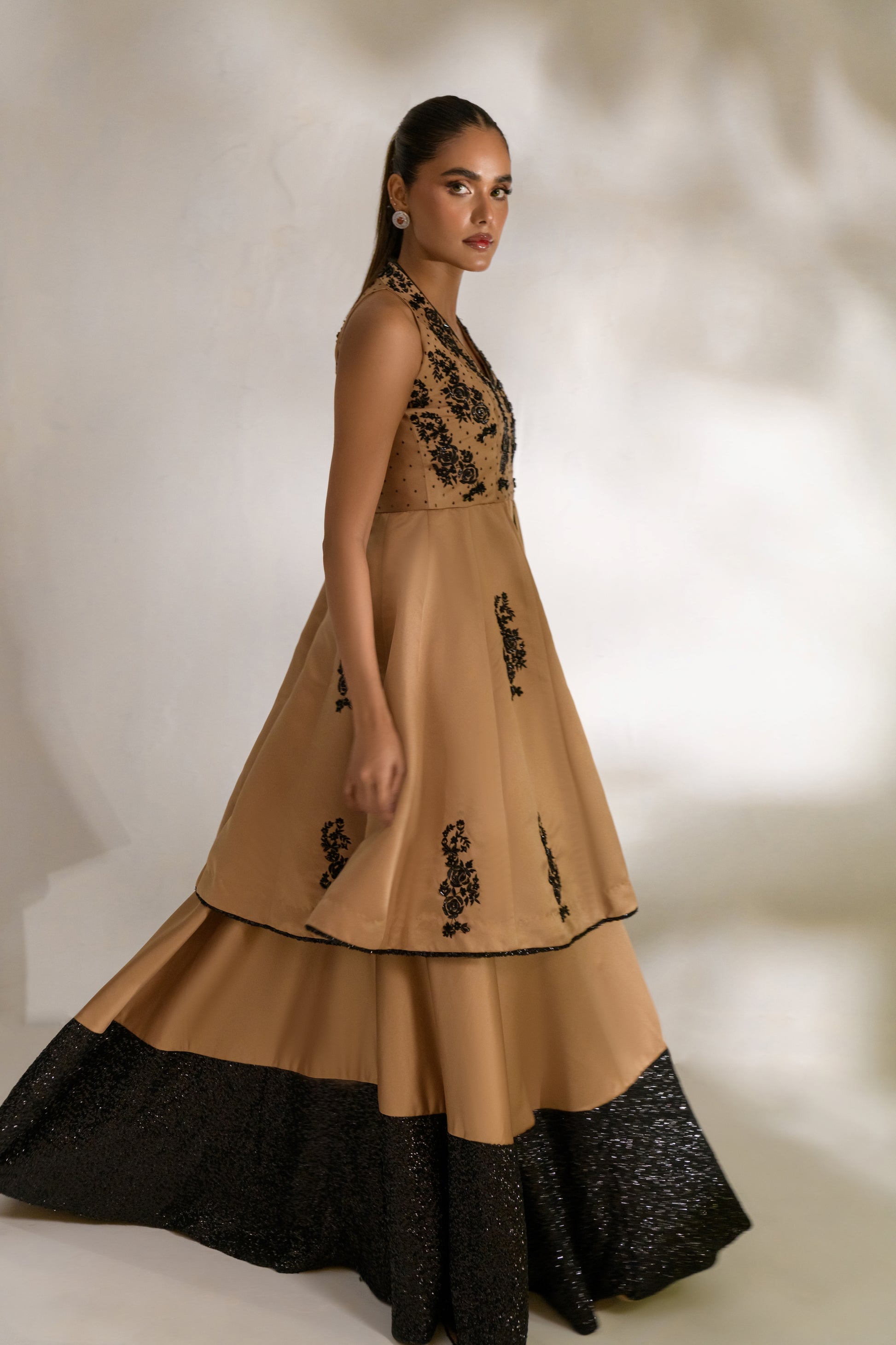 Sheer black net dupatta with cutwork embroidery and moti embellishments