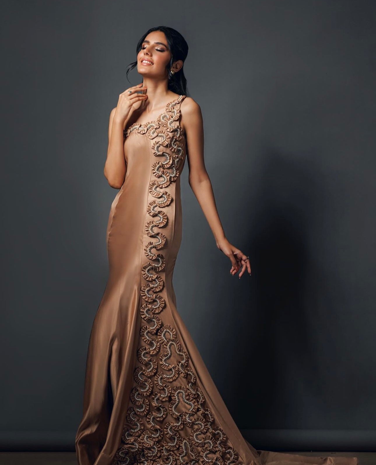 Designer evening gown Gleaming featuring asymmetrical details