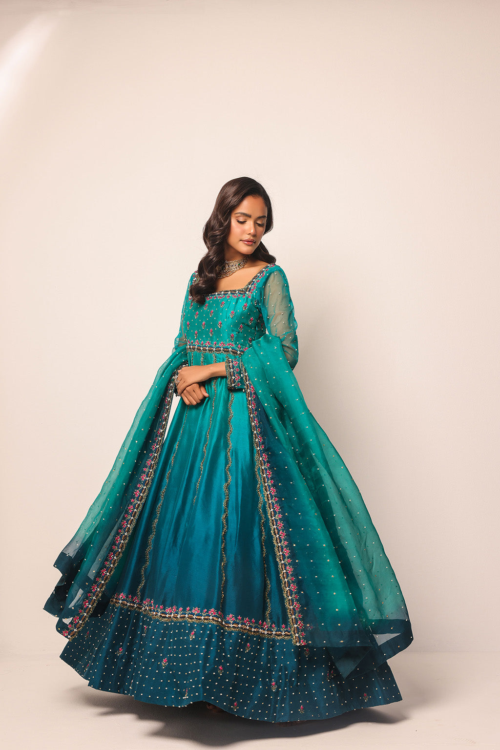Dual tone ombre designer dress with floral thread embroidery