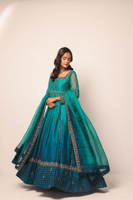 Dual tone ombre designer dress with floral thread embroidery
