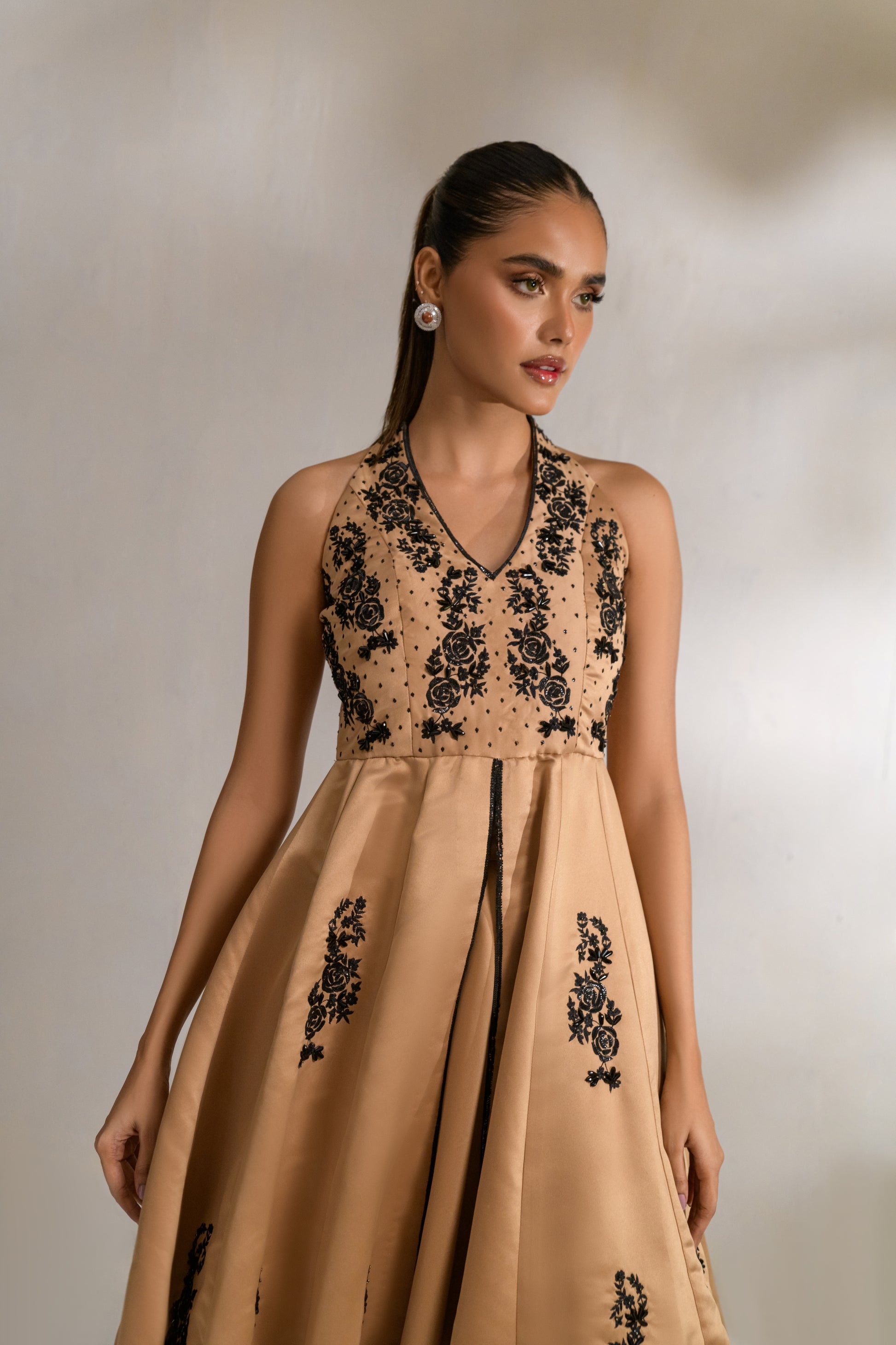 Full-length flared skirt with luxurious black sequin border