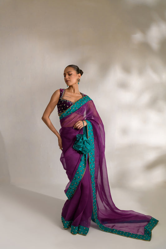 Lelia designer chiffon saree in sheer purple with delicate embroidery