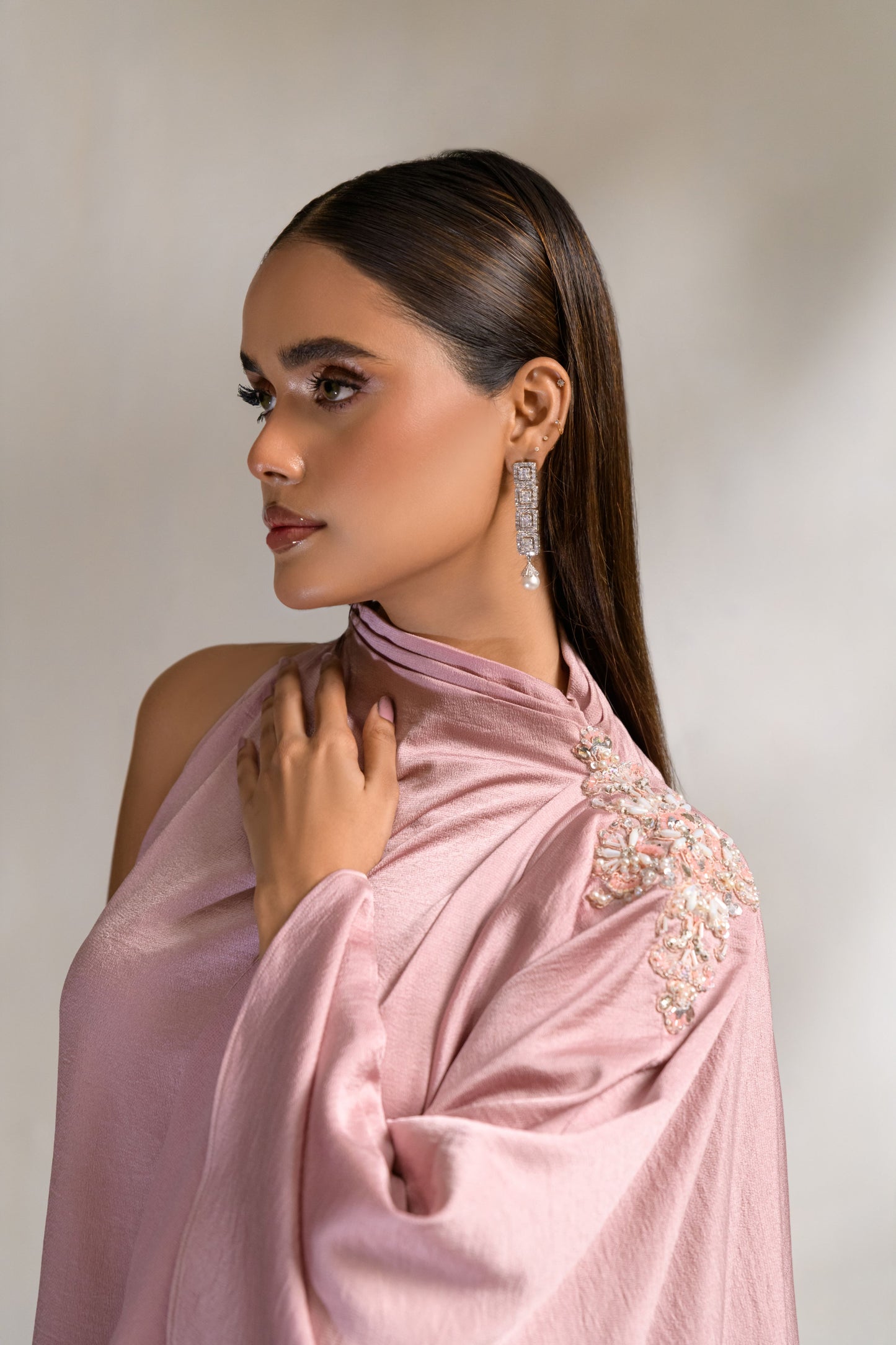 Premium eveningwear kaftan with textured fabric and one-shoulder design