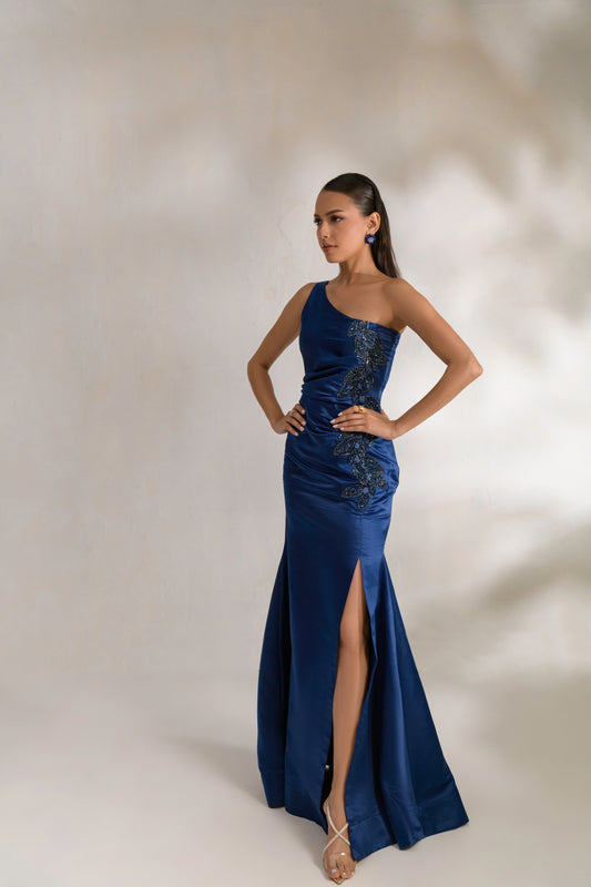 Lyra luxury maxi gown with twisted asymmetric neckline