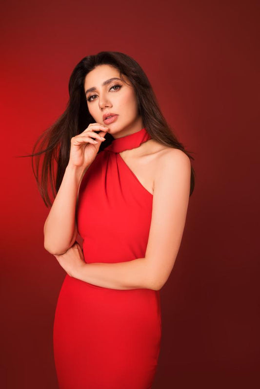 Myra red designer gown with asymmetrical neckline panel