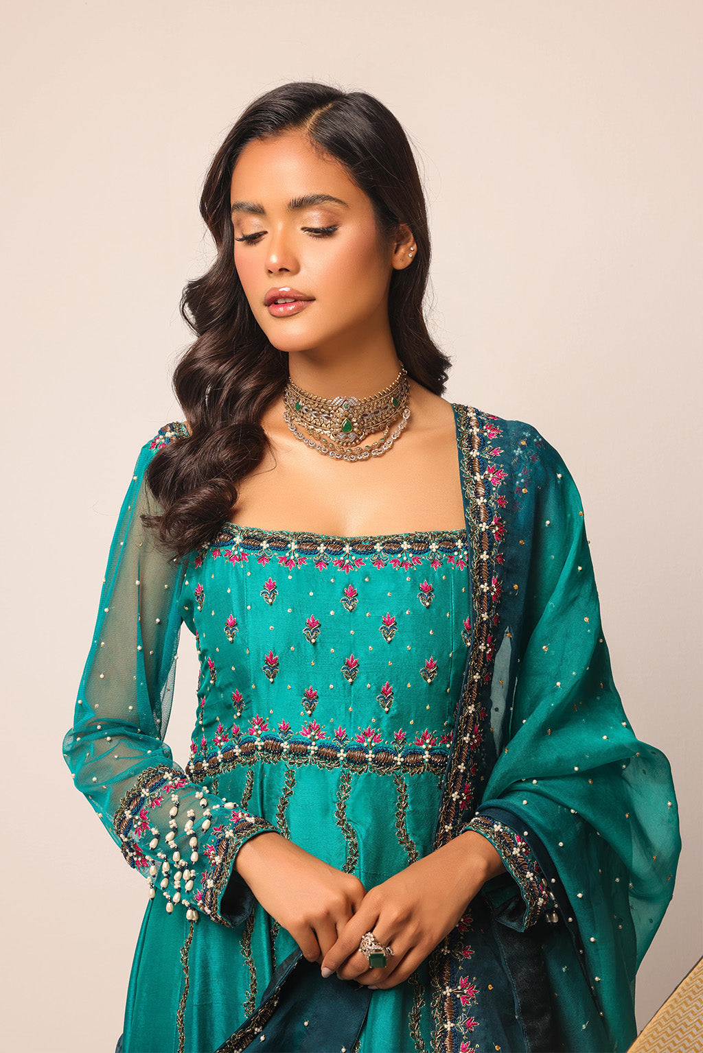 Ombre dyed designer dress with sequins and organza dupatta