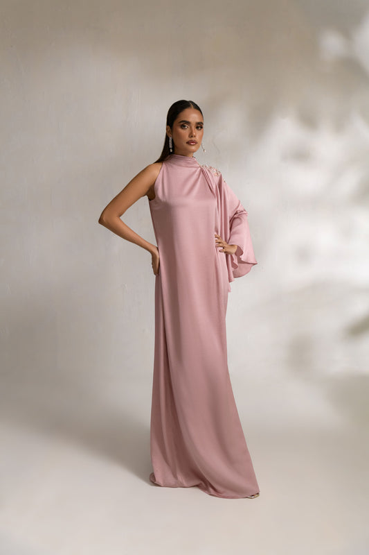 Embroidered one-shoulder kaftan with Swarovski and pearl detailing
