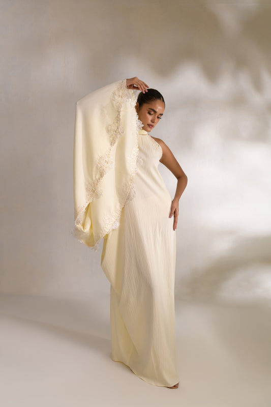 Opal one-shoulder premium silk kaftan with elegant drape