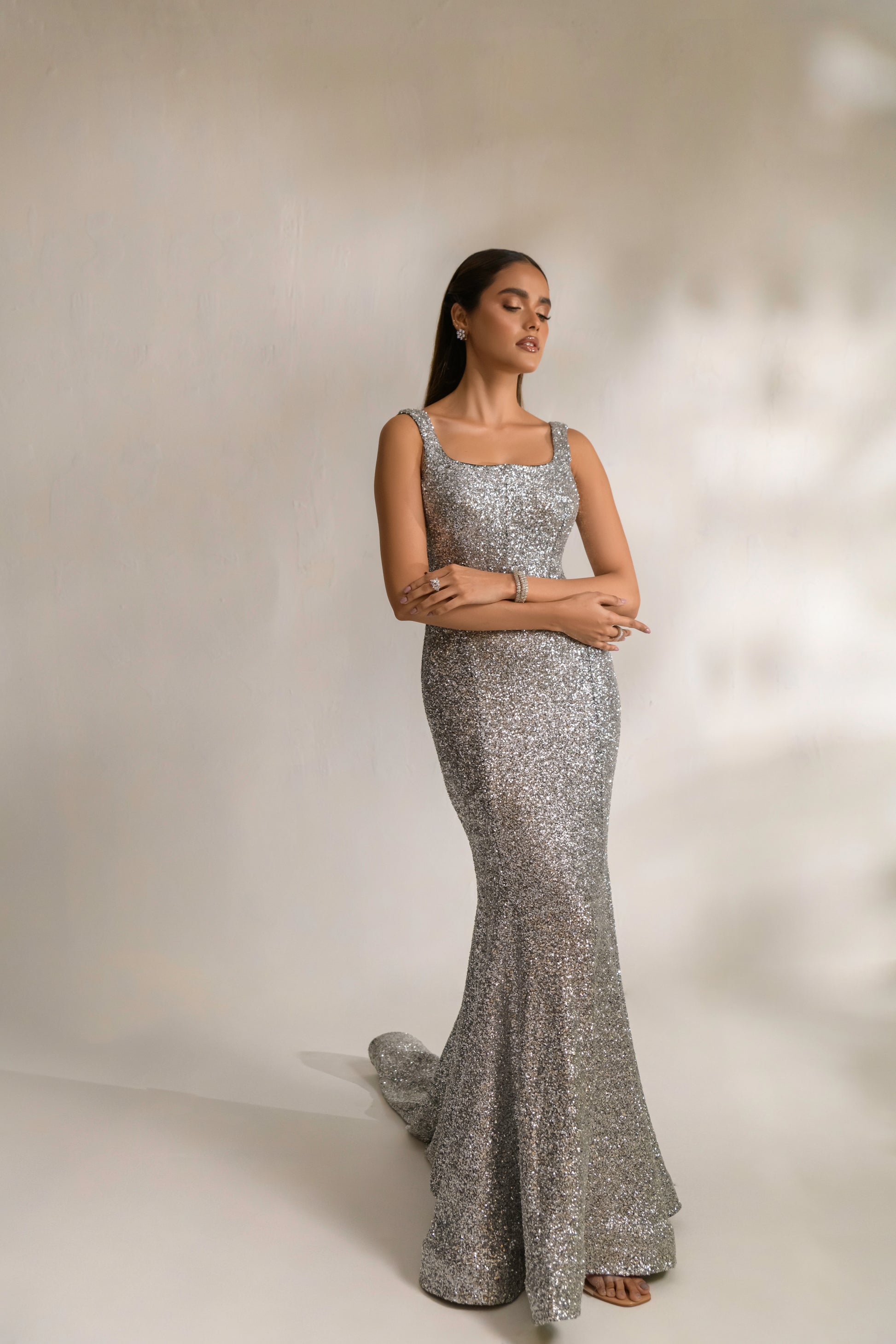 Premium sequin fabric evening dress with sleeveless design