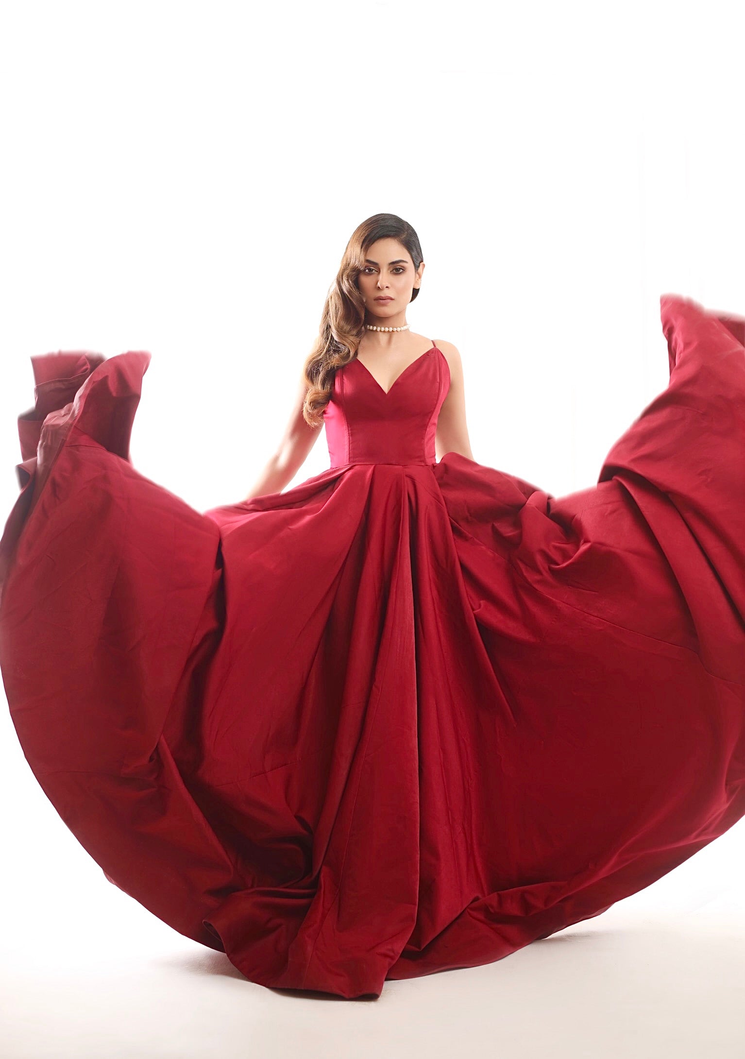 Premium silk designer gown with long paneled flare