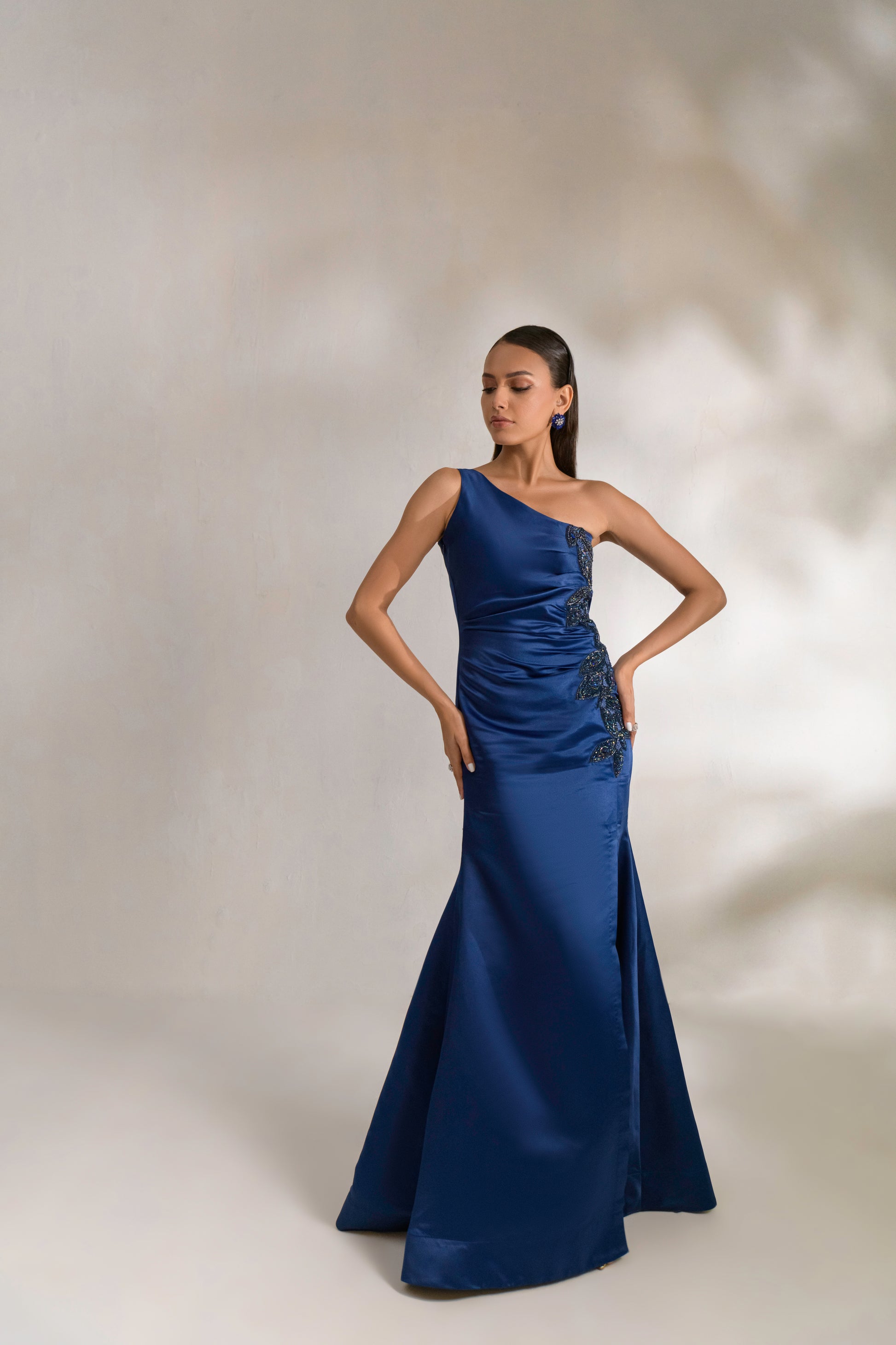 Premium silk gown with crystal embroidery and beaded bodice