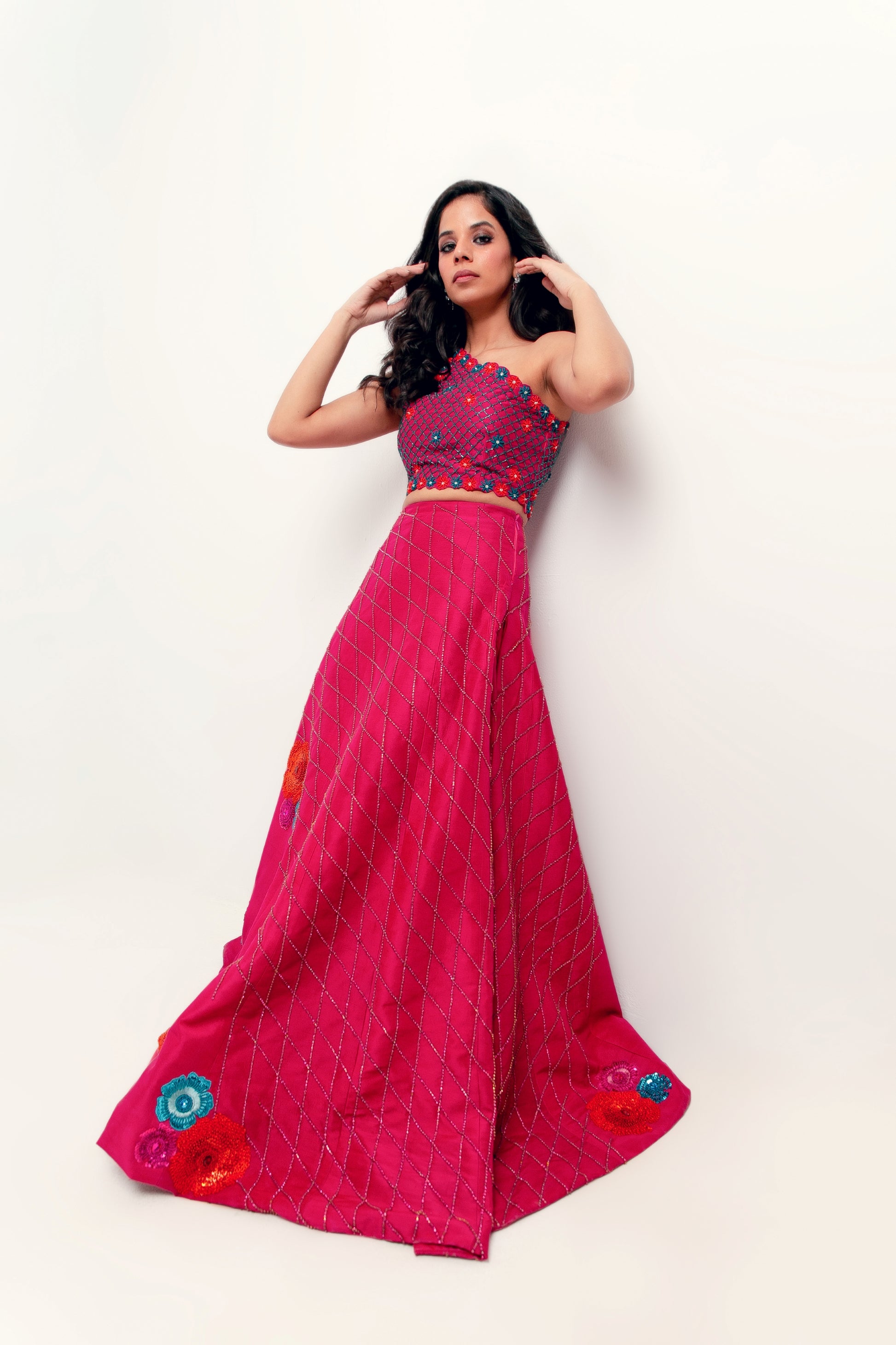 Pure silk lehnga with floral embroidery and off-shoulder blouse