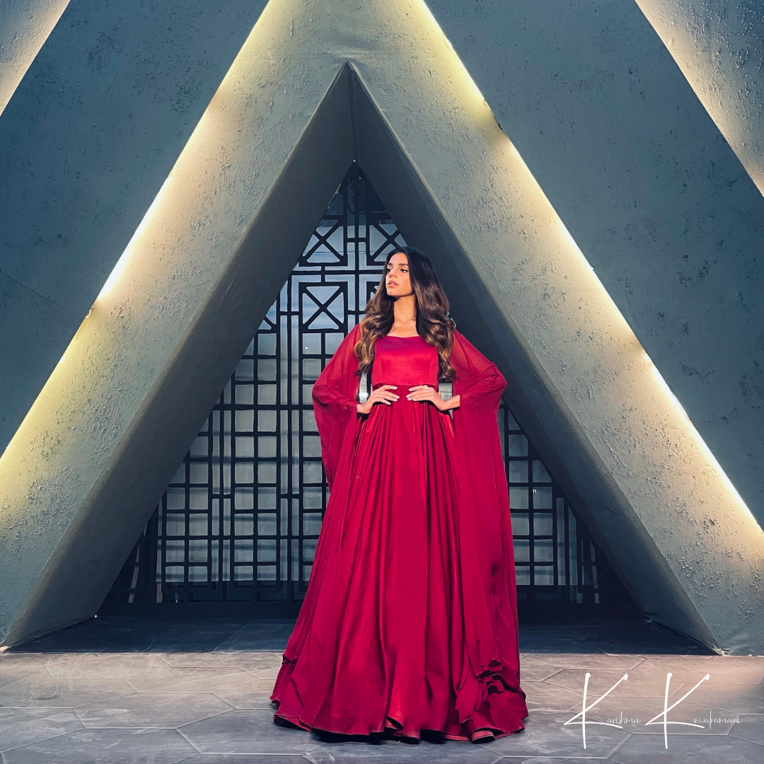Rouge luxury evening gown with long chiffon sleeves