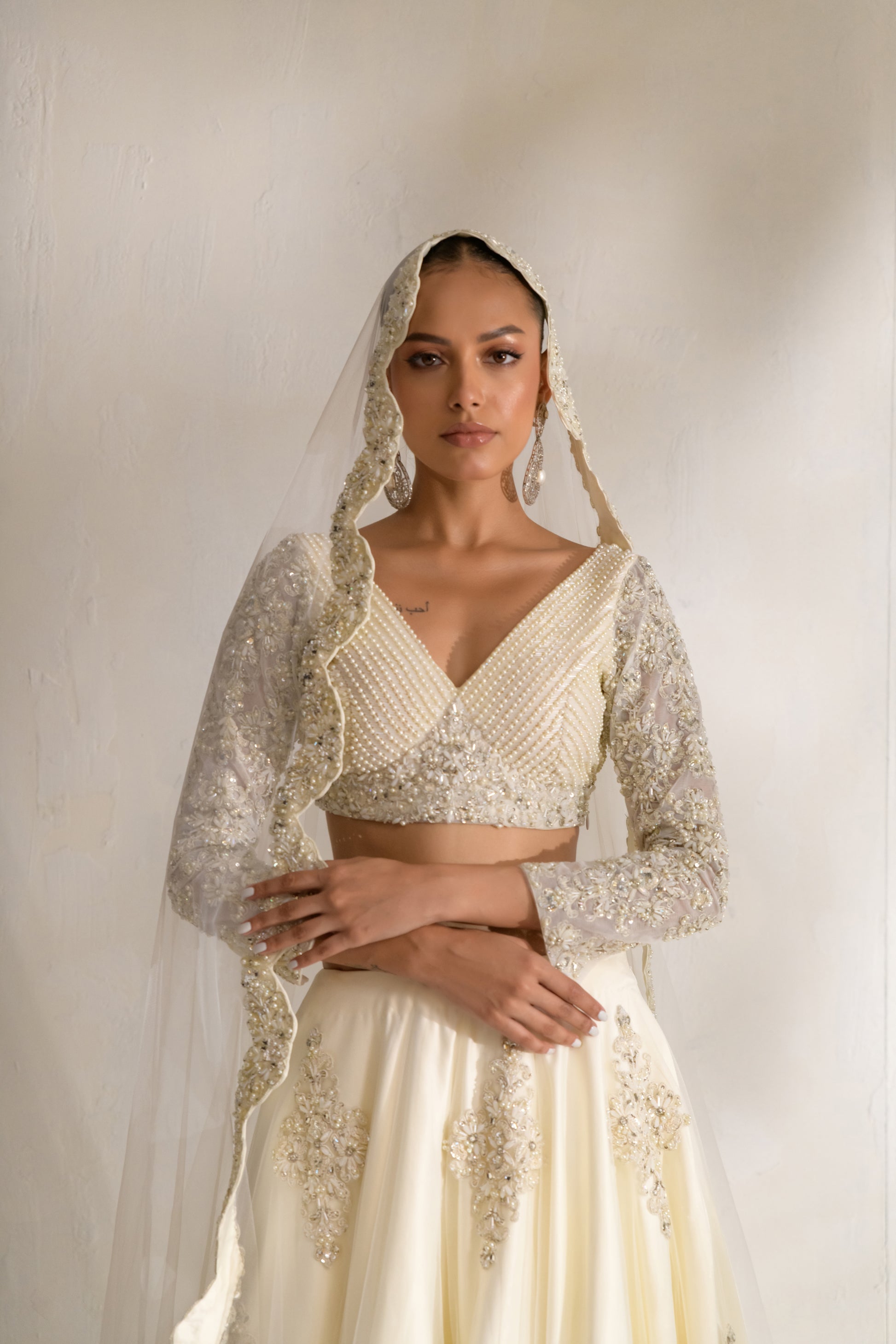 Sheer dupatta with scalloped pearl embroidered border