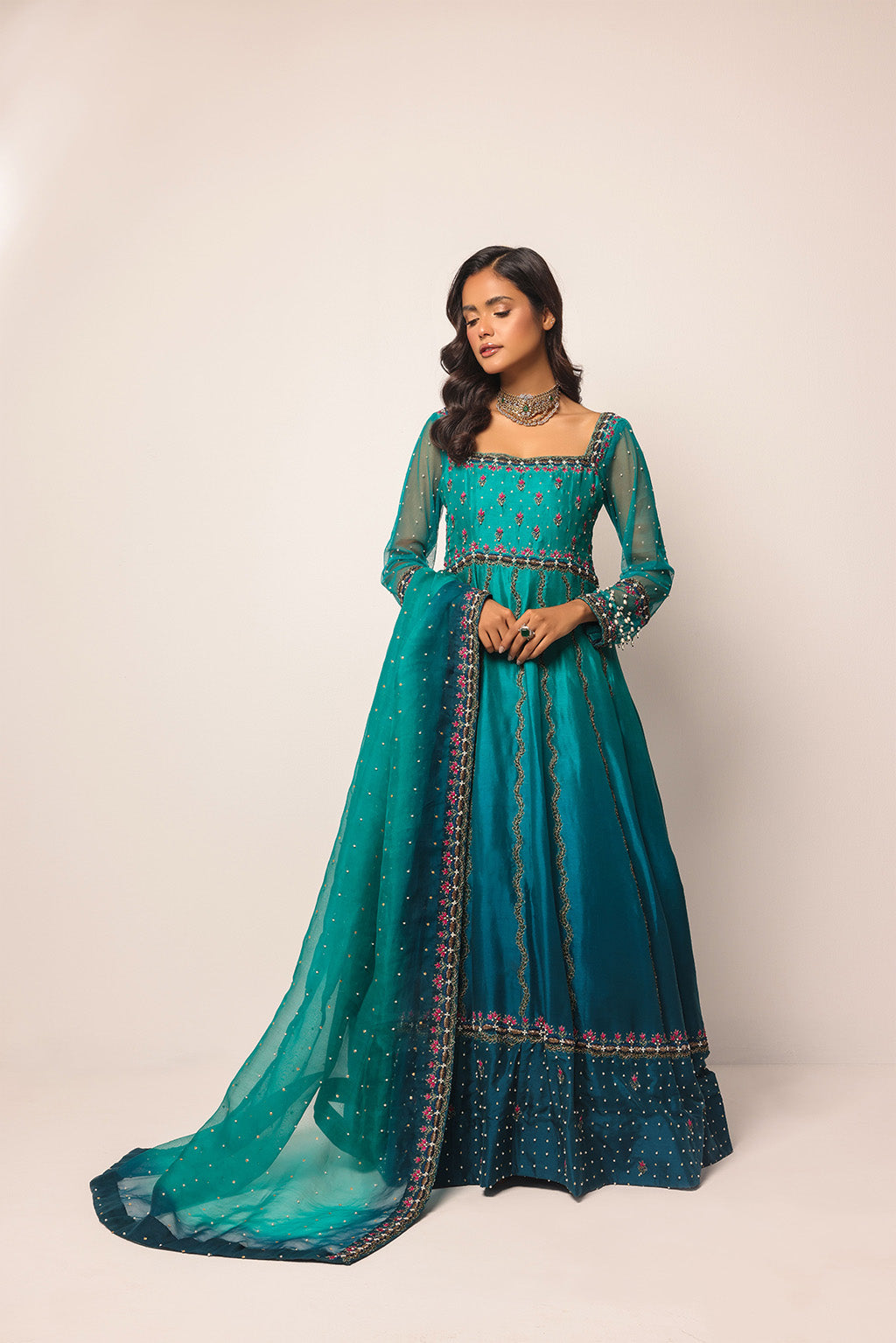 Teal and turquoise embellished wedding outfit with sheer dupatta