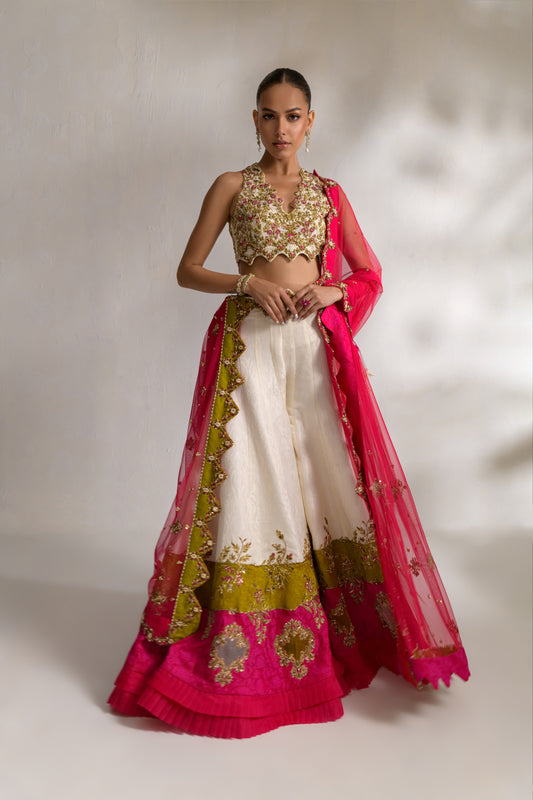 Traditional wedding dress with kora tabka and moti thread embroidery