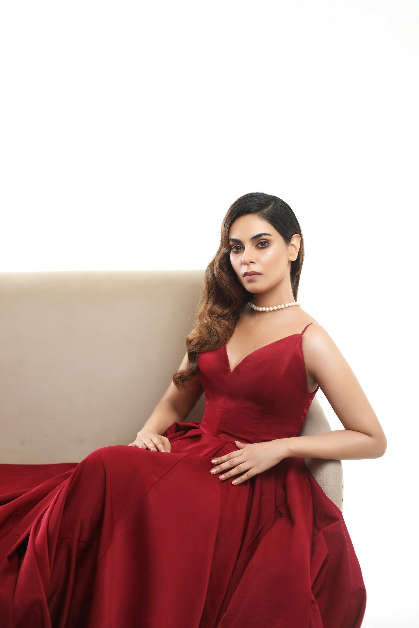 Zoe deep red party wear gown with stylish neckline