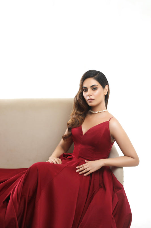 Zoe deep red party wear gown with stylish neckline