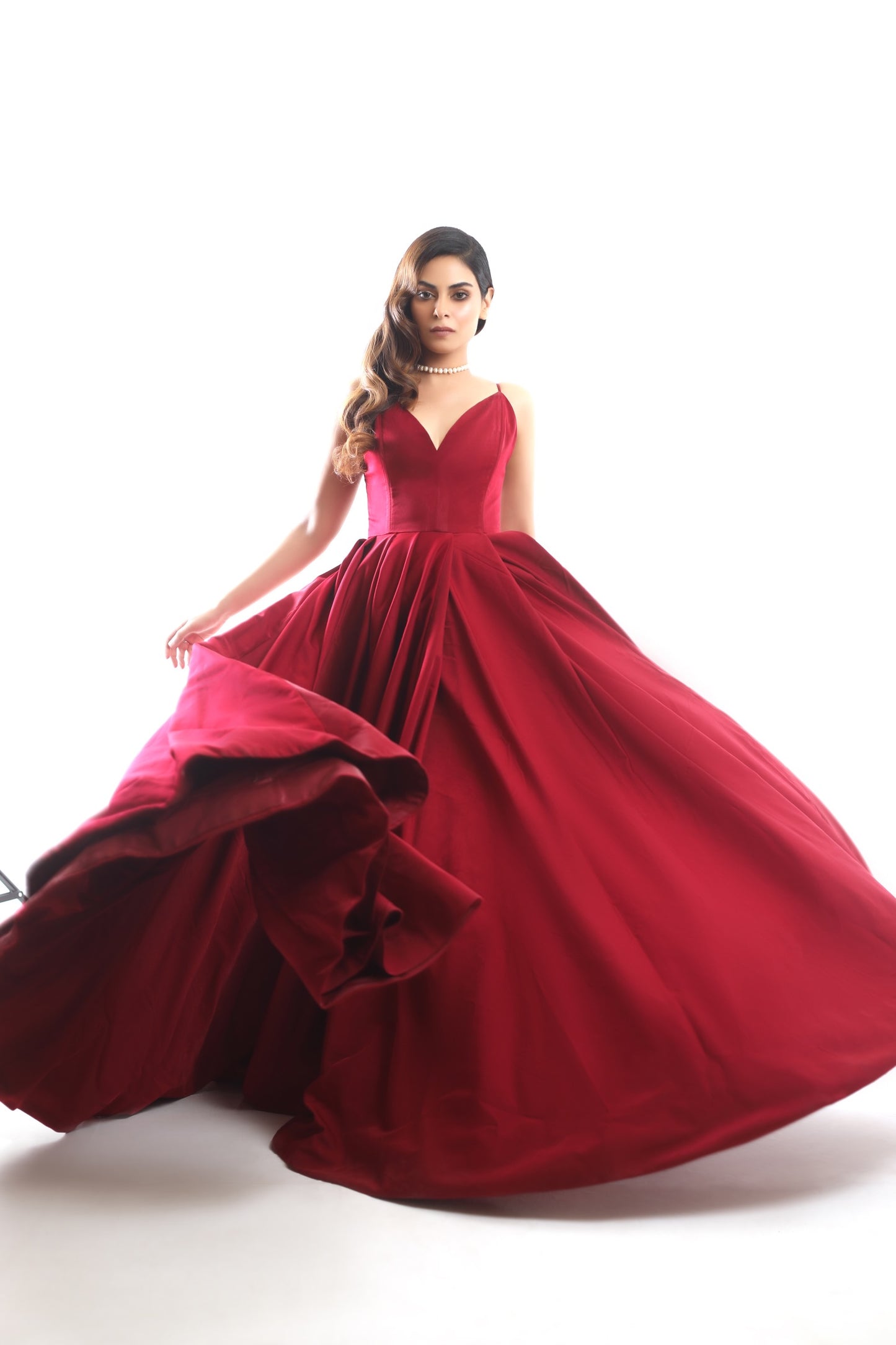 Designer deep red gown perfect for bridal showers and celebrations