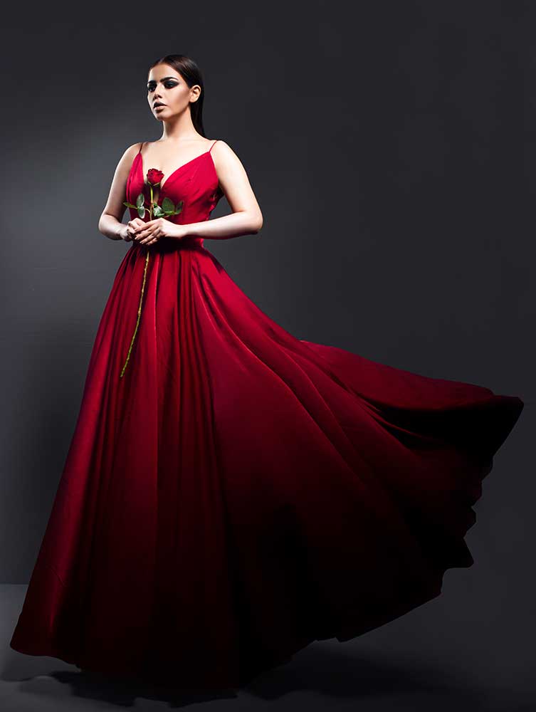 Elegant deep red gown with premium silk material