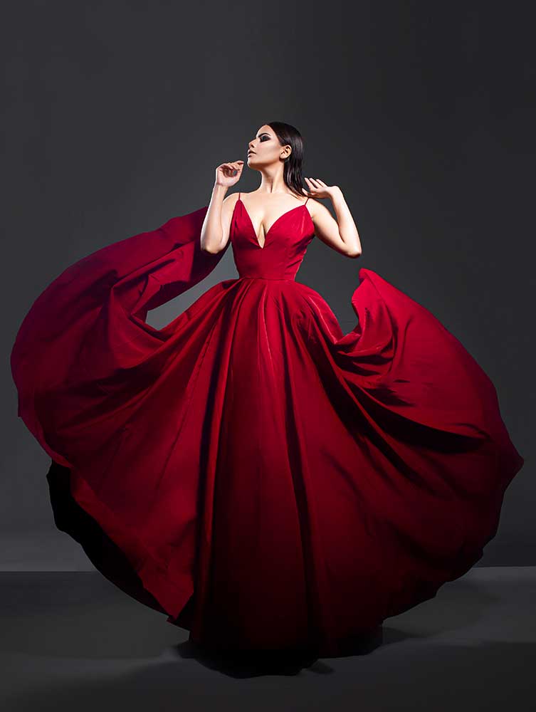 Zoe designer gown with sleek silhouette and stylish neckline
