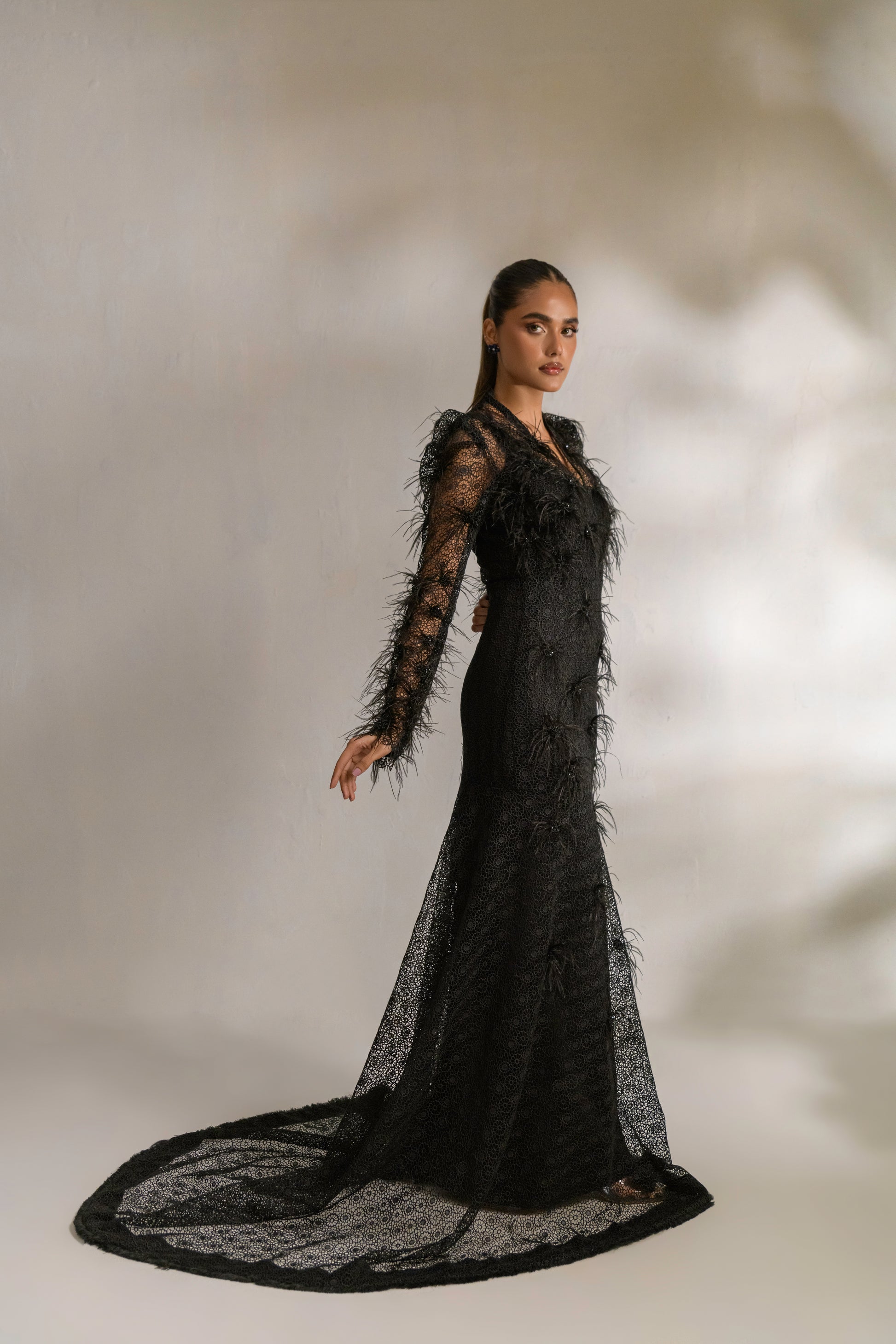 Bodycon floor-length gown with sheer lace detailing and feather embellishment