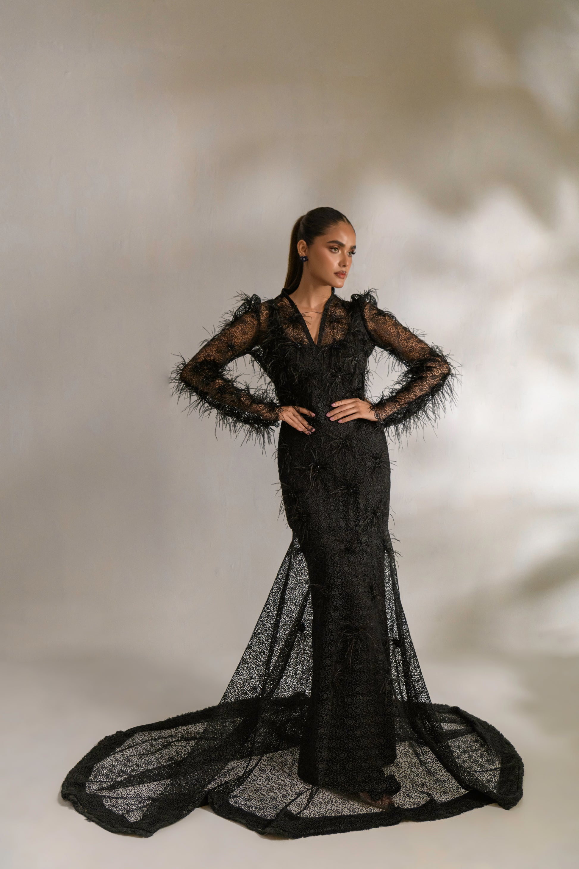 Ombre black designer maxi dress with deep V-neckline