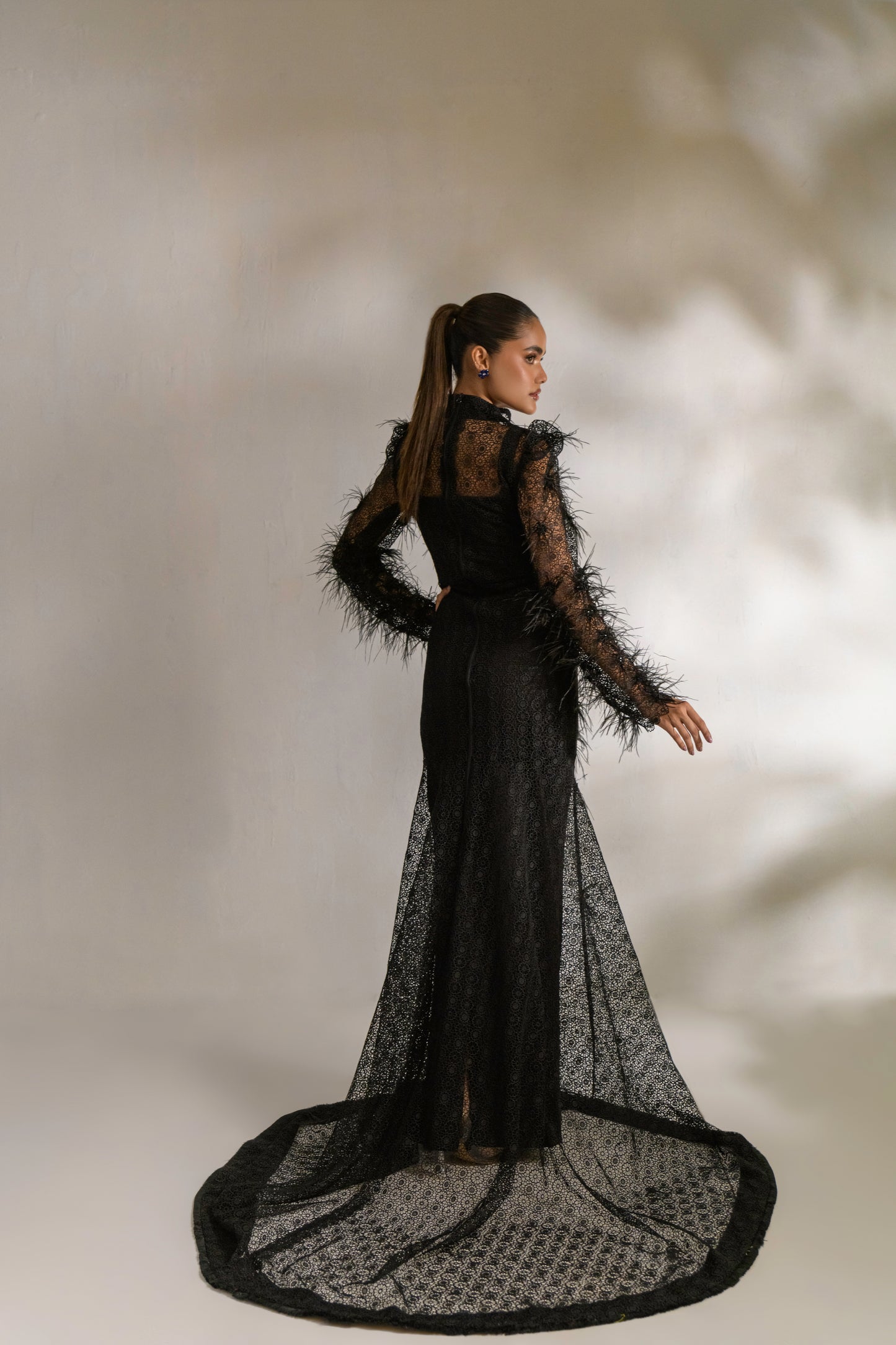Ombre luxury gown with intricate lace patterns and contemporary collar neck