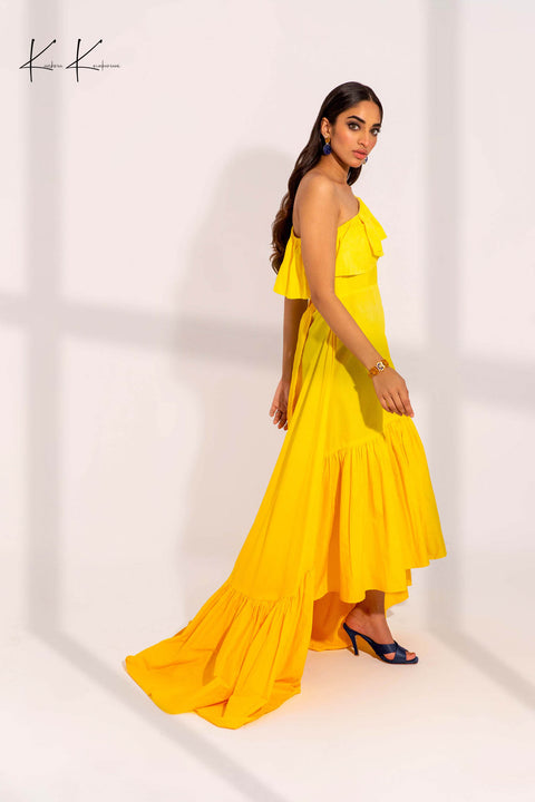 One Shoulder Flowy Pleated Gown